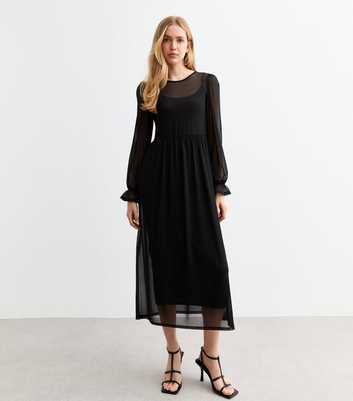 Black Mesh Long Sleeve Midi Smock Dress