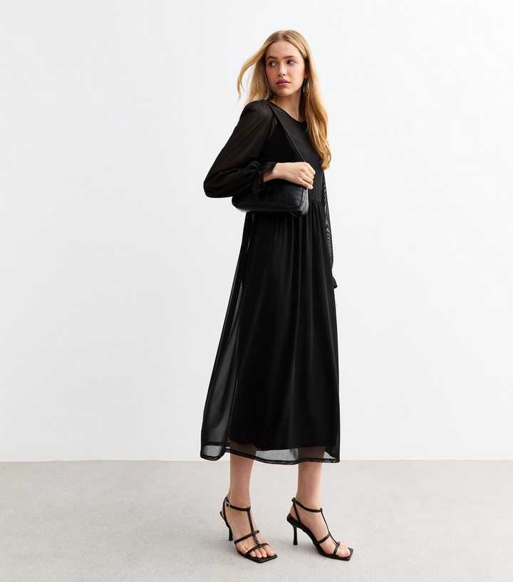 Black Mesh Long Sleeve Midi Smock Dress
