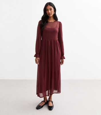 Burgundy Mesh Long Sleeve Midi Smock Dress