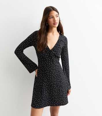 Black Spotted Long Sleeve Skater Dress