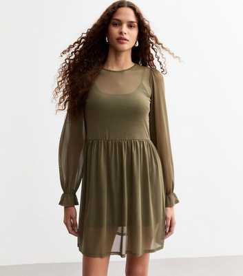 Khaki Mesh Long Sleeve Mini Smock Dress