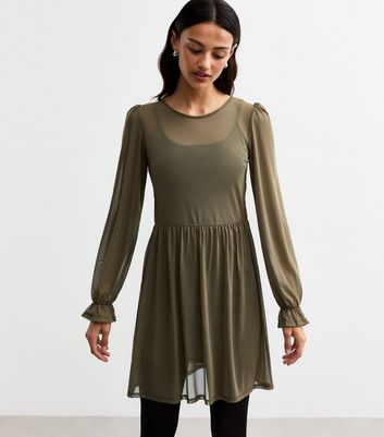 Khaki Mesh Long Sleeve Mini Smock Dress New Look