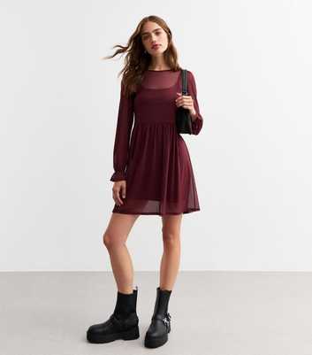 Burgundy Mesh Long Sleeve Mini Smock Dress