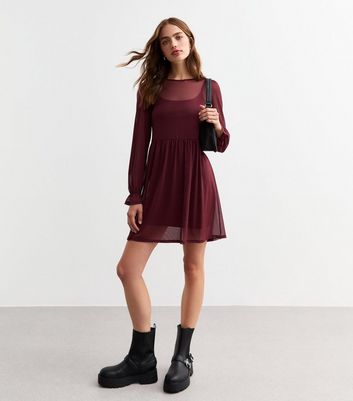 Burgundy Mesh Long Sleeve Mini Smock Dress New Look