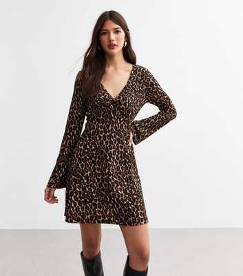 Brown Leopard Print Flared Sleeve Mini Dress