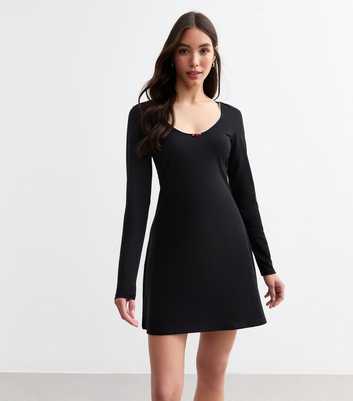 Black Scoop Neck Long Sleeve Rose Mini Dress 