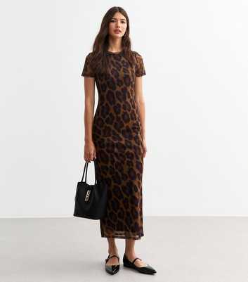 Brown Leopard Print Mesh Midi Dress