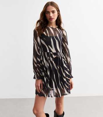 Black Tiger Print Mesh Long Sleeve Mini Smock Dress