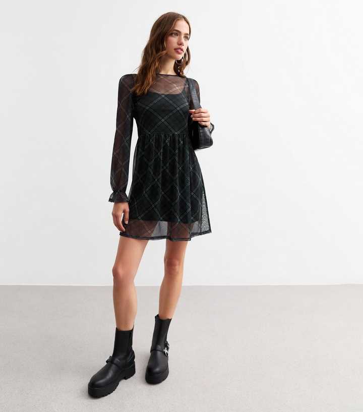 Mini Dress Womens Black Mesh Dress Black Checked Mesh Long Sleeve