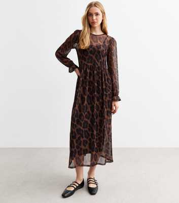 Brown Leopard Print Mesh Long Sleeve Midi Dress