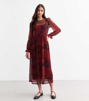 Red Tie Dye Mesh Midi Smock Dress