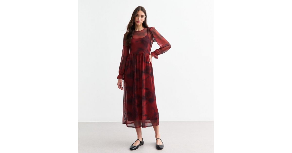 Red Tie Dye Mesh Midi Smock Dress | New Look