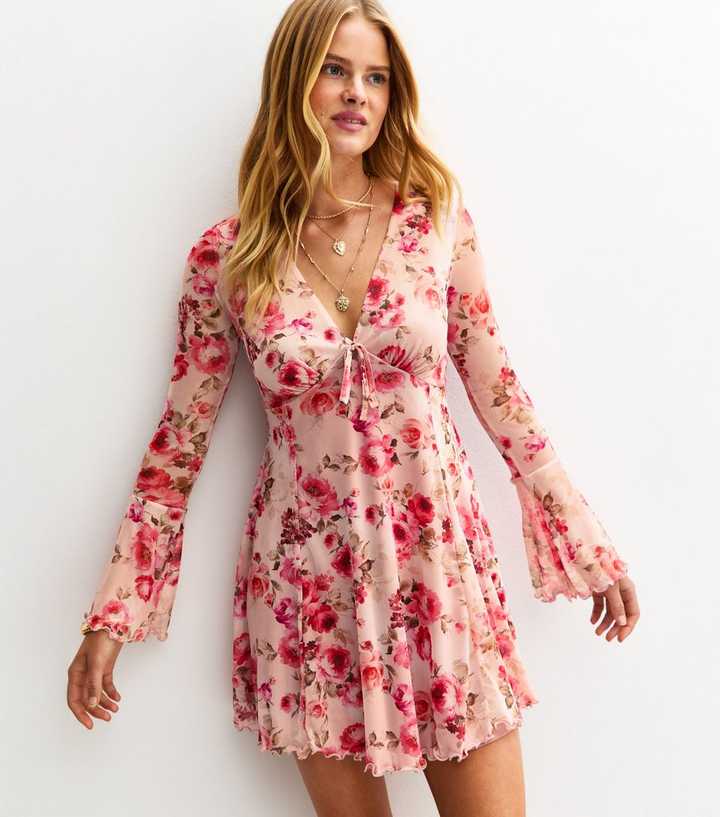Pink Floral Print Mesh Mini Skater Dress