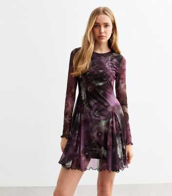 Purple Abstract Print Mesh Mini Skater Dress