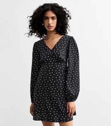 Black Polka Dot Print Long Sleeve Mini Dress