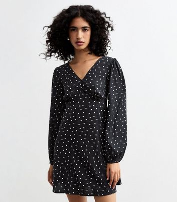 Black Polka Dot Print Long Sleeve Mini Dress New Look