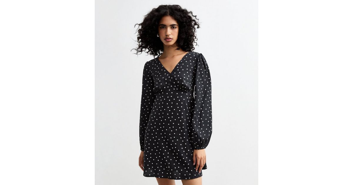 Black Polka Dot Print Long Sleeve Mini Dress | New Look