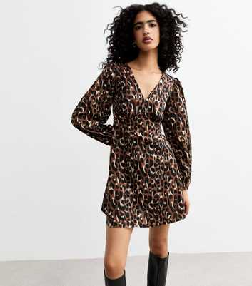 Brown Leopard Print Long Sleeve Mini Dress