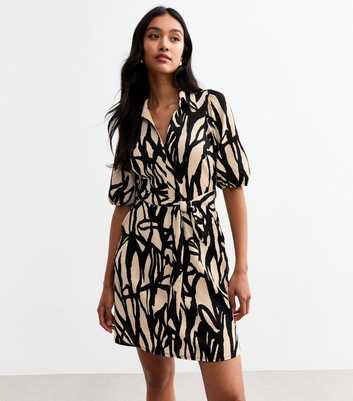 Black Abstract Print Crinkled Mini Dress