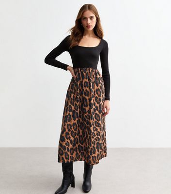 Black Collared Leopard Trim, Bracelet Sleeve Long Dress