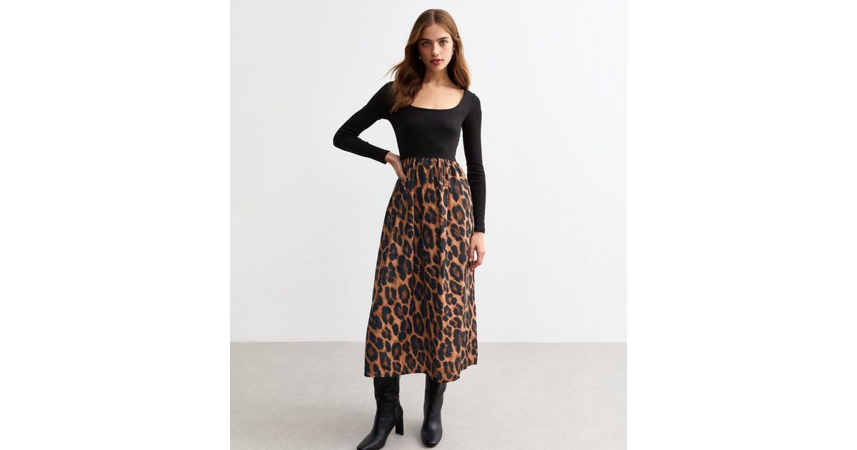 Black Leopard Print Long Sleeve Mix Midi Dress New Look black-leopard-print-long-sleeve-mix-midi-dress-new-look