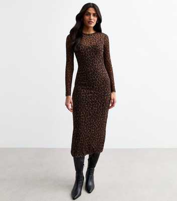 Brown Leopard Print Long Sleeve Midi Dress