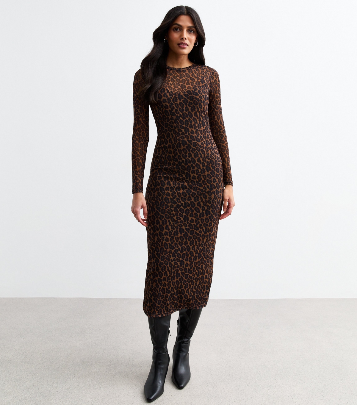Women's Brown Leopard Print Long Sleeve Midi Dress New Look