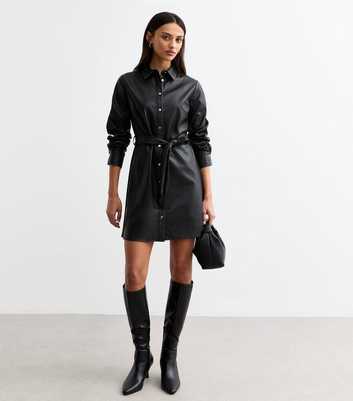 Black Faux Leather Mini Shirt Dress