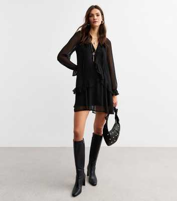 Black Crinkled Chiffon Tie Neck Mini Dress