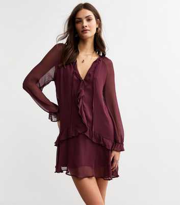 Burgundy Crinkled Chiffon Tie Neck Mini Dress