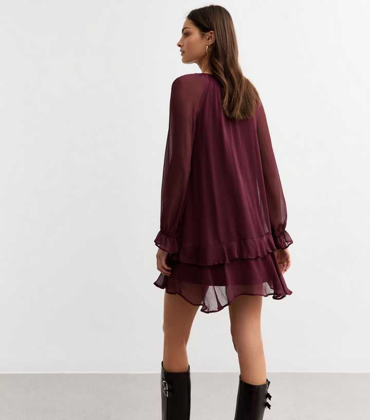 Burgundy Brilliance Sheer Bell Sleeves Midi Dress