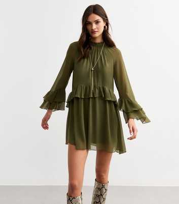 Khaki Ruffled High Neck Chiffon Mini Dress