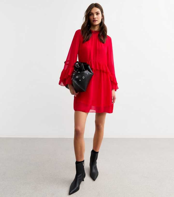 Red Ruffled High Neck Chiffon Mini Dress | New Look