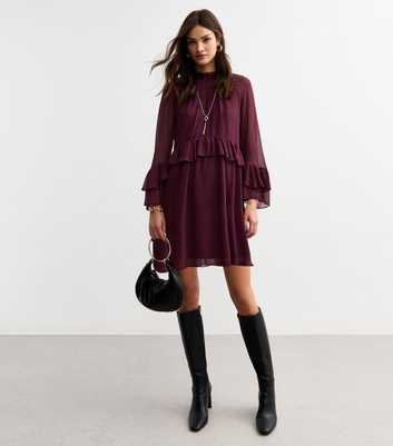 Burgundy Ruffled High Neck Chiffon Mini Dress