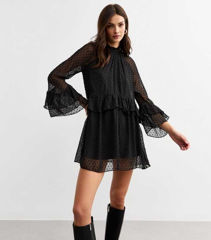 Black Polka Dot Chiffon Ruffle Long Sleeve Mini Dress