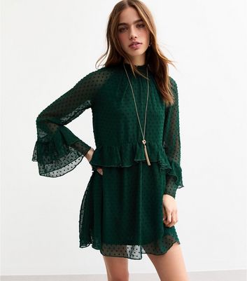 Green Polka Dot Chiffon Ruffle Long Sleeve Mini Dress | New Look