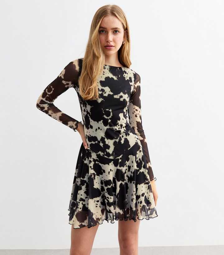 Black Cow Print Mesh Tie Back Micro Mini Dress