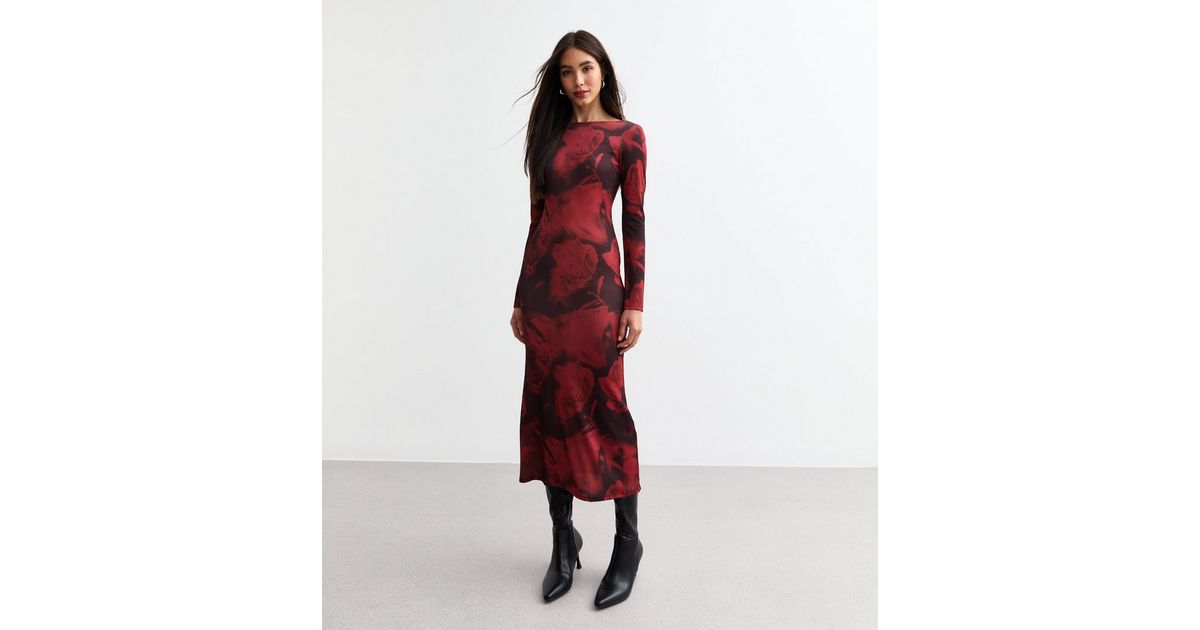 Red Floral Print Ribbed Jersey Midi Dress | New Look