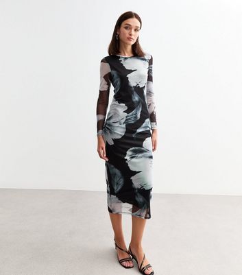 NEW Black Floral Long Sleeve Dress -L main image 0