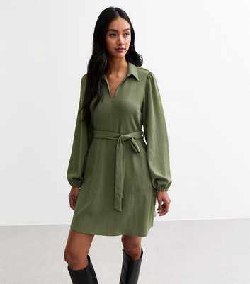 Khaki Textured Belted Mini Shirt Dress