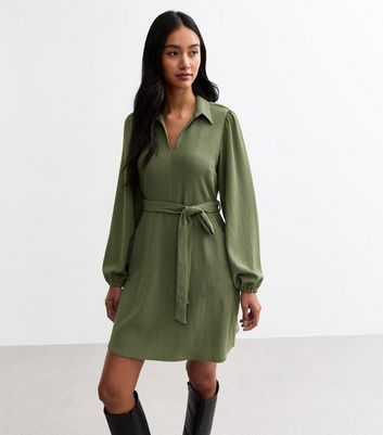 Khaki Textured Belted Mini Shirt Dress New Look