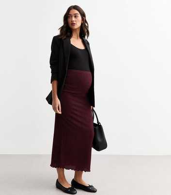 Maternity Burgundy Lettuce Hem Textured Midi Skirt