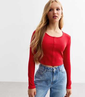 Girls Red Ribbed Jersey Long Sleeve Top