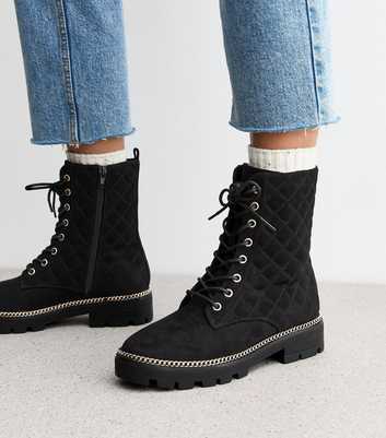 Black Suedette Quilted Chain Trim Ankle Boots