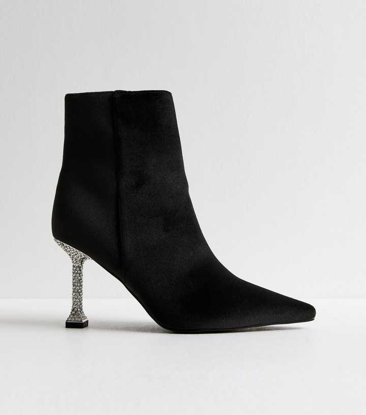 Black Diamante Front Strap Stiletto Heel Ankle Boot