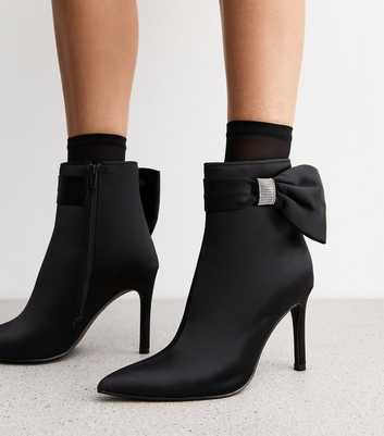 Black Satin Bow Embellished Stiletto Heel Ankle Boots