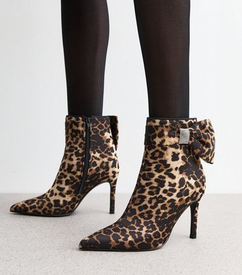 Brown Leopard Satin Bow Embellished Stiletto Heel Ankle Boots New Look