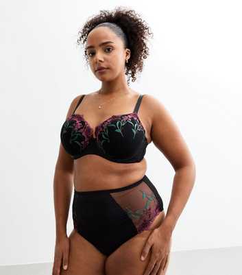 Curves Black Floral Embroidered High Waisted Brazilian Briefs