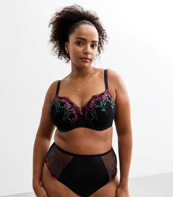 Curves Black Floral Embroidered Plunge Bra 