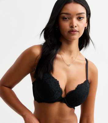 Black DD+ Floral Lace Plunge Bra 